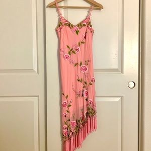 Sue Wong Pink Vintage Embroidered Fringe Dress